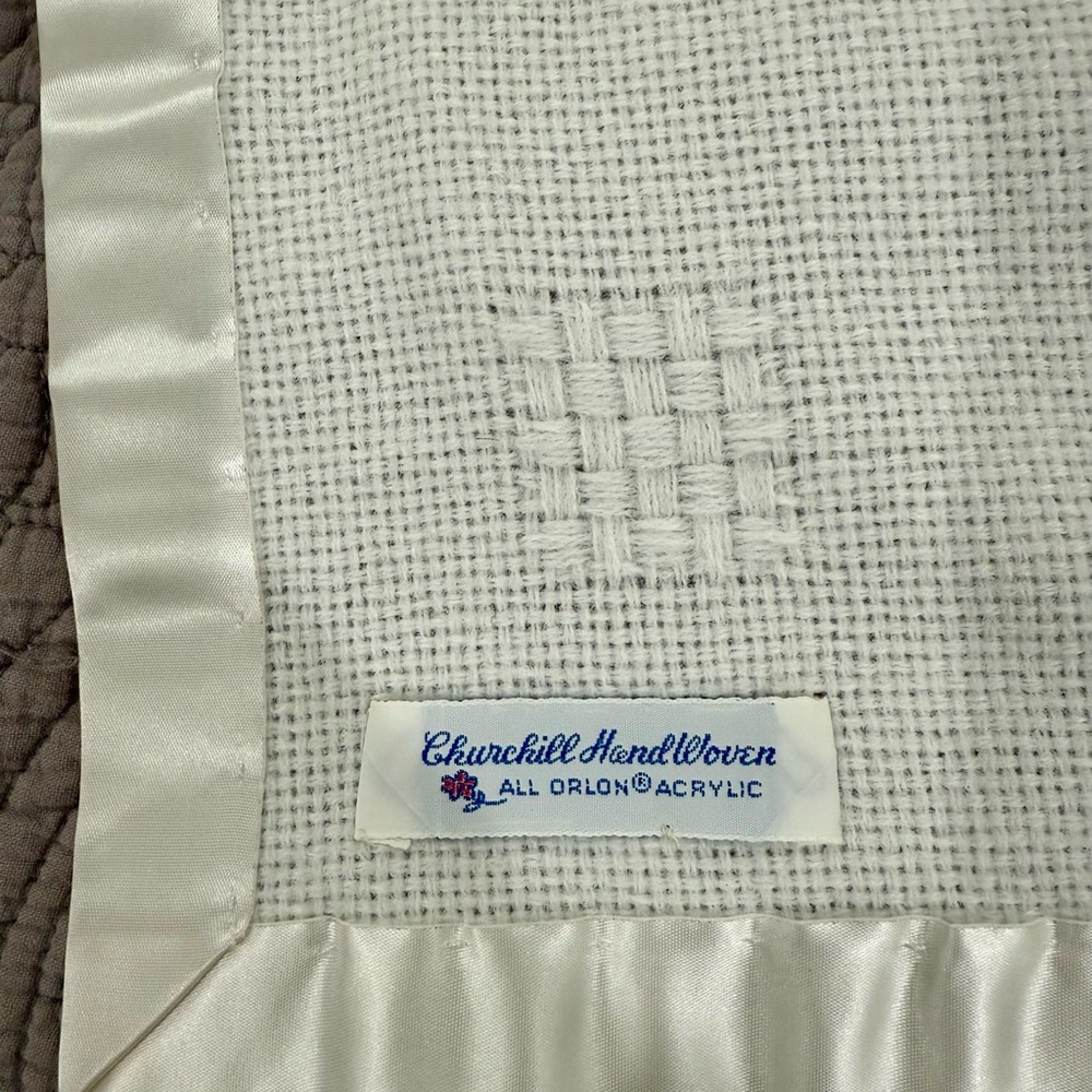 Churchill Hand Woven Blanket White All Orlon Acrylic Satin Trim